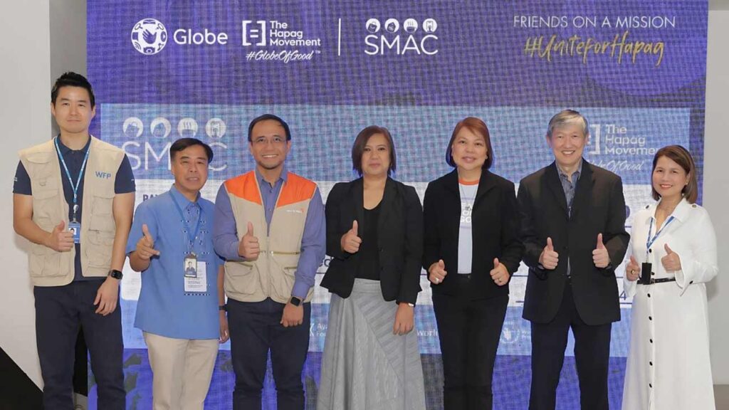 PHOTO CAPTION: Unite for Hapag this World Food Day. Globe and SMAC celebrate their joint effort that raised Php 14.93M to be donated to the Hapag Movement. IN PHOTO (L-R): Hapag Movement mobilization partners David Jo, Head of Partnerships, Communications and Reports, UN World Food Programme; Eduardo Jimenez, Vice Chairperson, World Vision Philippines; Jun Godornes, Director for Resource Development, World Vision Philippines; Cel Amores, Senior Director for Corporate Communications, Ayala Foundation; Yoly Crisanto, Chief Sustainability and Corporate Communications Officer, Globe; Kevin Hartigan Go, Chief Operating Officer, SMAC; and Yara Macalindong, VP for Sales and Marketing, SMAC.